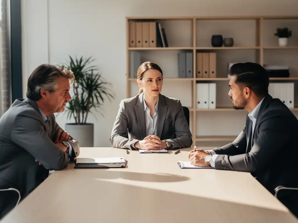 HR-manager bemiddelt tussen twee gespannen collega's aan een vergadertafel in een modern Nederlands kantoor.
