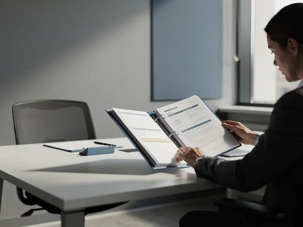 HR-manager bestudeert personeelsdossier aan modern bureau met lege stoel op de achtergrond, rustige kantooromgeving.