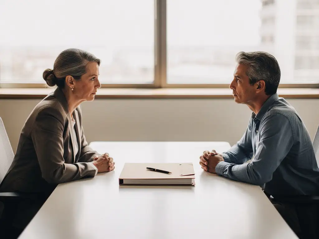 HR-manager en medewerker in serieus gesprek aan modern kantoorbureau met gesloten map en pen, zacht natuurlijk raamlicht.