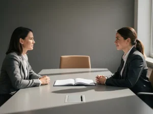 HR-manager en medewerker in gesprek aan vergadertafel met open dossiermap, rustige professionele sfeer.