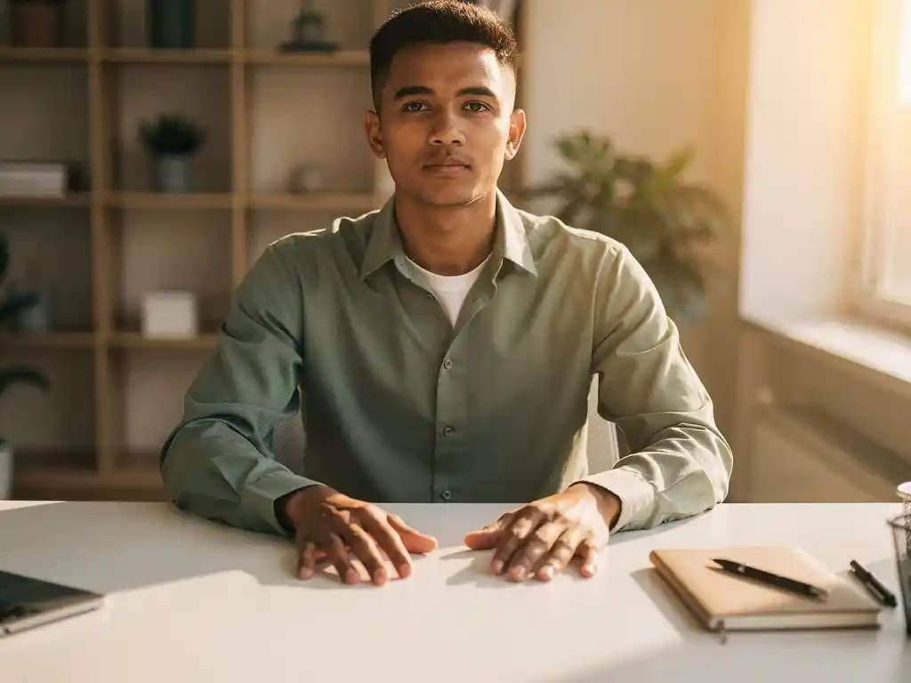 Persoon zit kalm aan een opgeruimd bureau met ontspannen handen, warm zijlicht en een vage professionele werkruimte op de achtergrond.