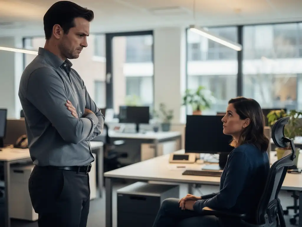 Twee collega's in een Nederlands kantoor, één staand met gekruiste armen terwijl de ander weggekeken zit, zichtbare werkplekspanning.