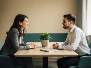 Twee collega's in open gesprek aan een neutraal kantoortafel, leunend naar voren met handen op tafel, zacht natuurlijk licht.