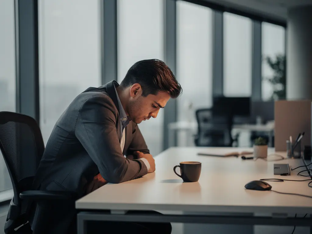 Kantoormedewerker zit ingevallen aan modern bureau, staart leeg naar onaangeroerde koffie in zacht grijs ochtendlicht.