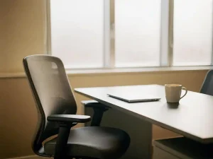 Leeg kantoorstoel voor een opgeruimd bureau met gesloten laptop en onaangeroerd koffiekopje, zacht natuurlijk licht door bevroren ramen.