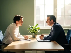 Manager en medewerker in constructief gesprek aan modern kantoorbureau, kleine groene plant tussen hen in, warm natuurlijk licht.