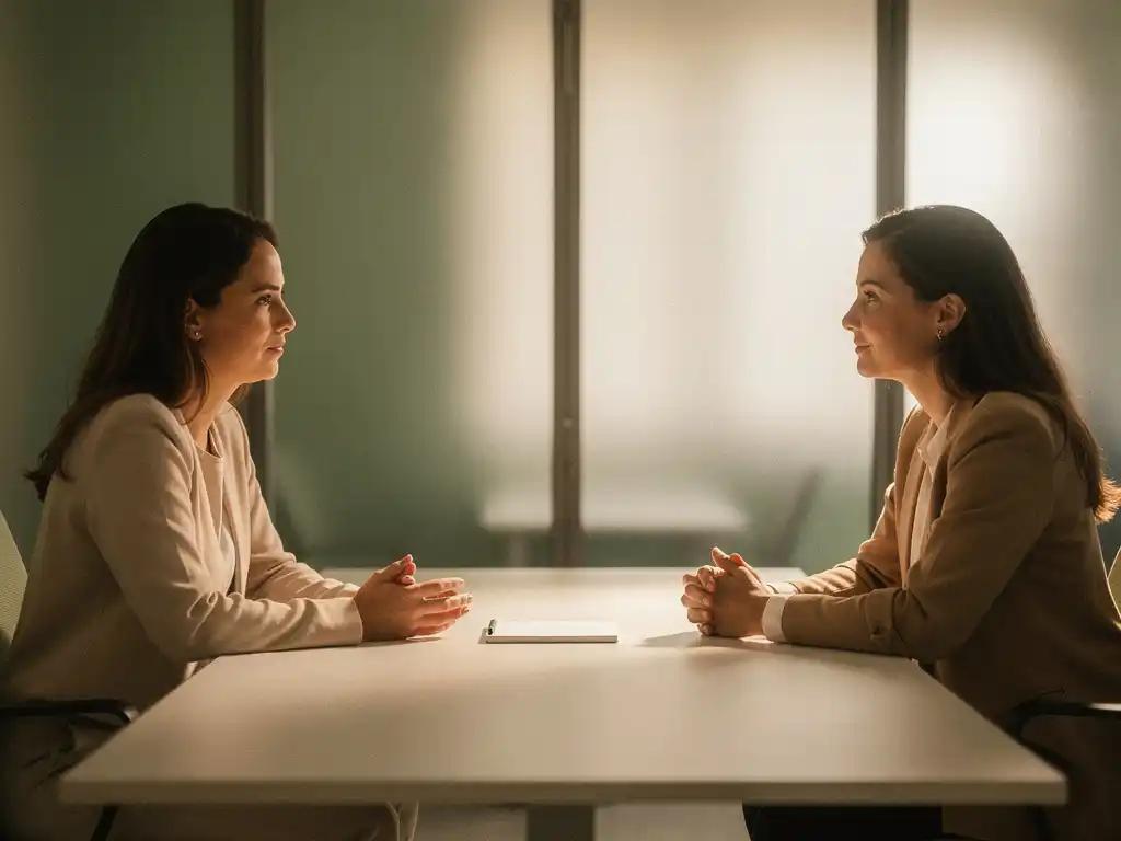 Manager en medewerker in rustig gesprek aan conferentietafel met notitieblok, warm natuurlijk licht door matglas.