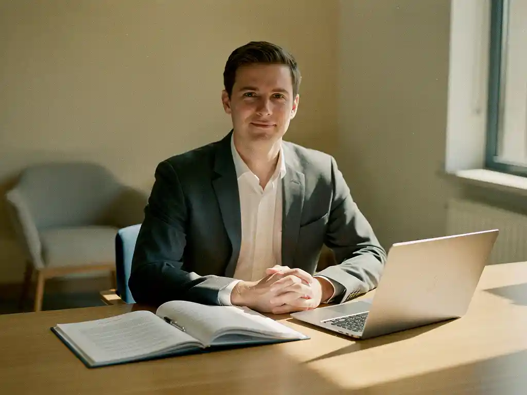 Medewerker aan houten bureau met open documentmap en gesloten laptop, warm kantoorlicht, rustige professionele sfeer.