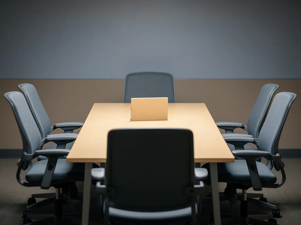 Twee lege stoelen tegenover elkaar aan een smal vergadertafel met een gesloten manila map ertussen, neutrale derde stoel op de achtergrond.
