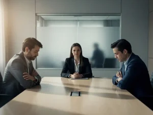 Twee personen met gekruiste armen aan een mediationtafel, gescheiden door een neutrale bemiddelaar in een moderne vergaderruimte.
