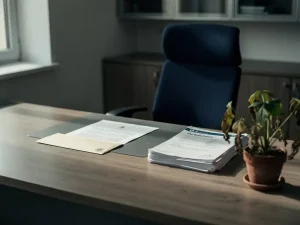 Formele brief op een leeg bureaubureau naast verwelkte plant en HR-documenten, verlaten managerstoel in kantoorsetting.