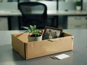 Persoonlijke spullen van ontslagen werknemer in kartonnen doos op kantoorbureau, met lege ergonomische stoel op de achtergrond.