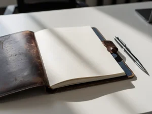 Versleten leren juridische map open op kantoorbureau met pen, zacht natuurlijk licht op ivoren pagina's, professionele sfeer rond arbeidsrechten.
