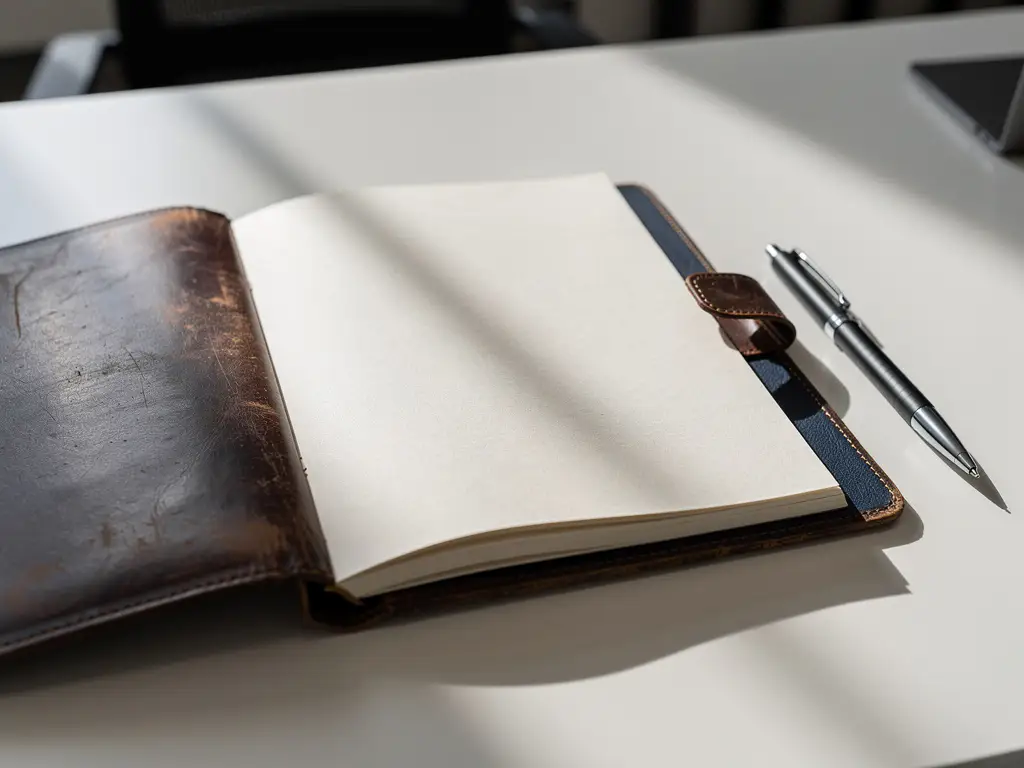 Versleten leren juridische map open op kantoorbureau met pen, zacht natuurlijk licht op ivoren pagina's, professionele sfeer rond arbeidsrechten.