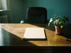 Formeel houten bureau met gesloten personeelsdossier en verwelkte plant, zachte natuurlijke belichting en lege bureaustoel op de achtergrond.