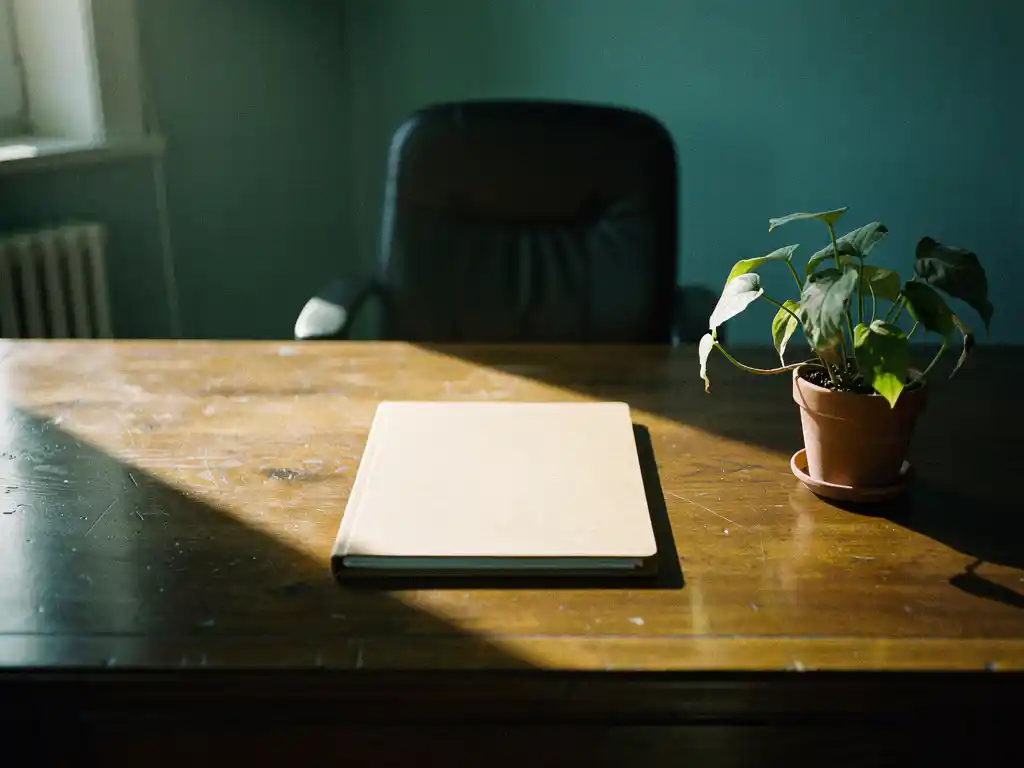 Formeel houten bureau met gesloten personeelsdossier en verwelkte plant, zachte natuurlijke belichting en lege bureaustoel op de achtergrond.