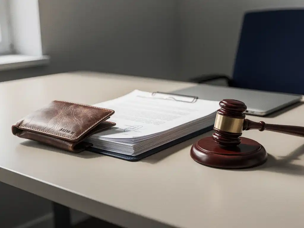 Versleten leren portemonnee en juridische documenten naast een houten hamer op een kantoorbureau, zachte natuurlijke belichting.