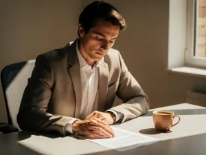 Professional aan bureau in gedachten verzonken, hand op document, warme koffie en zacht natuurlijk licht op de achtergrond.