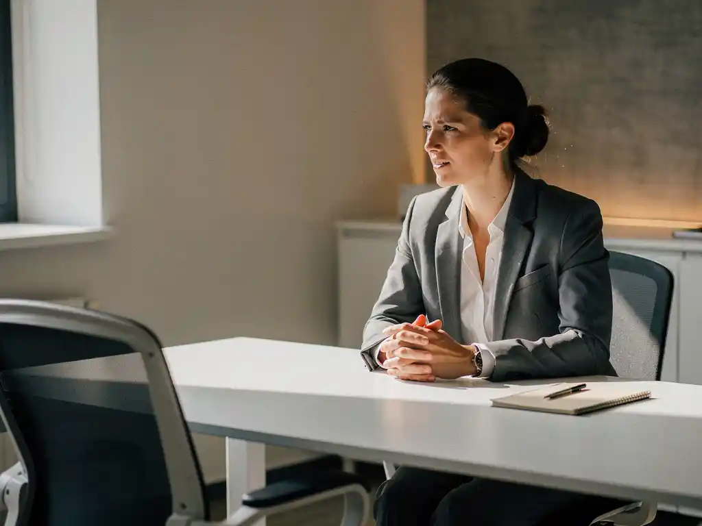 Professional zit bedachtzaam aan modern bureau met gevouwen handen, lege stoel tegenover hen, notitieblok en pen klaarliggend.