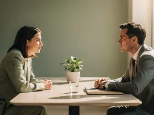 Twee professionals aan een vergadertafel in gesprek, één leunt aandachtig voorover terwijl de ander een map vasthoudt, zacht natuurlijk licht.
