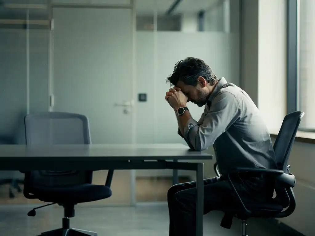 Gespannen werknemer aan modern bureau met gebogen hoofd en gevouwen handen, lege stoel tegenover hem, kantooromgeving op de achtergrond.