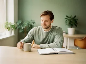 Werknemer zet koffiemok naast agenda op bureau bij terugkeer op het werk, warm en licht modern kantoor op de achtergrond.