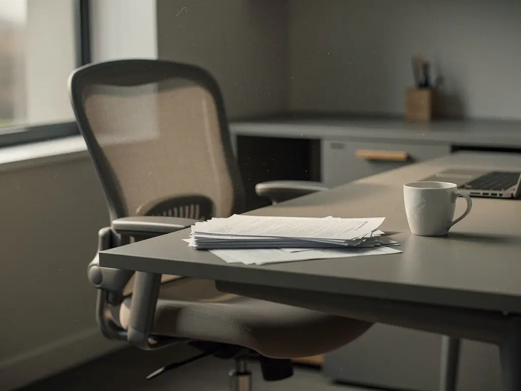 Leeg kantoorstoel voor opgeruimd bureau met verspreide papieren en onaangeroerde koffiekop in zacht natuurlijk licht.