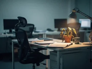 Verlaten bureaustoel naast verwelkte plant, verspreide documenten en onaangeroerde koffiemok onder warm lamplicht in koud kantoor.