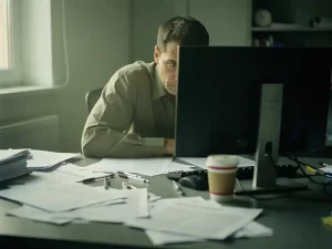 Vermoeide kantoormedewerker slungelig achter rommelig bureau, starend naar donker scherm, met koud kopje koffie en onafgewerkte paperassen.