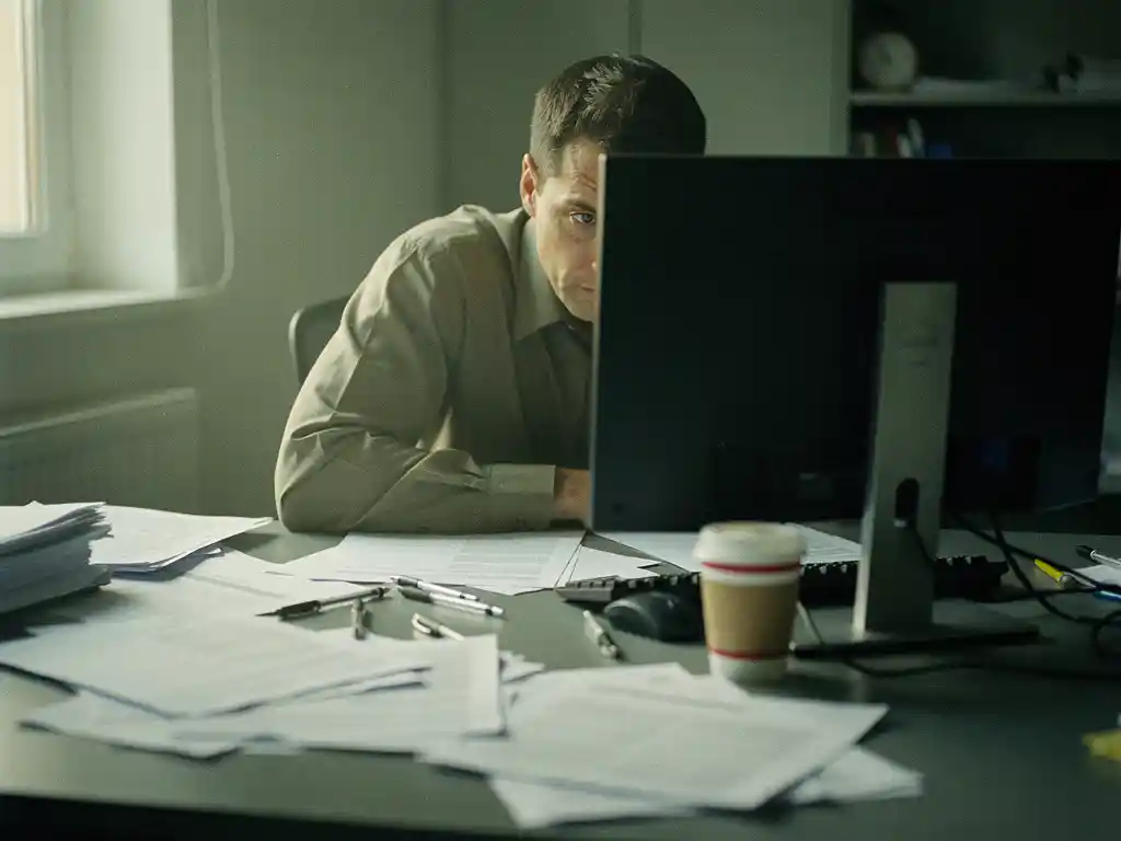 Vermoeide kantoormedewerker slungelig achter rommelig bureau, starend naar donker scherm, met koud kopje koffie en onafgewerkte paperassen.