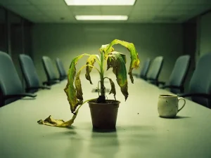 Verwelkte plant met gele bladeren op een verlaten kantoorbureau, omringd door lege stoelen en een vergeten koffiemok.