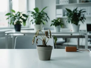 Verwelkte plant op modern kantoorbureau, omringd door weelderig groen op afstand, in koel gedempte kantooromgeving.