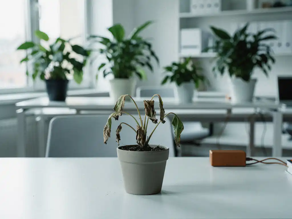 Verwelkte plant op modern kantoorbureau, omringd door weelderig groen op afstand, in koel gedempte kantooromgeving.