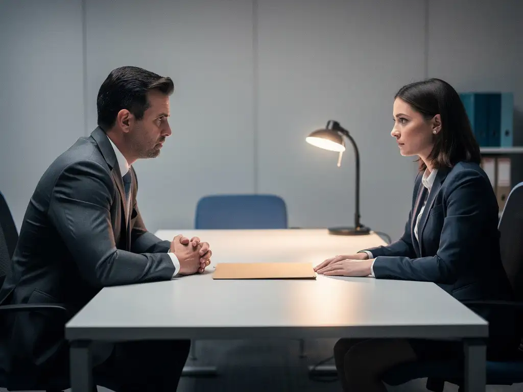 Werkgever en werknemer in gespannen professioneel gesprek aan bureau met gesloten map, kantooromgeving met gedempte blauwtinten.