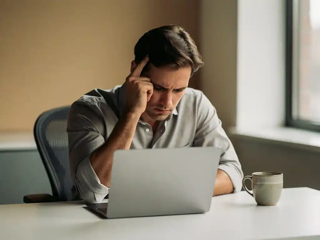 Vermoeide werknemer aan opgeruimd bureau met hoofd in hand, gesloten laptop en onaangeroerd kopje koffie, zacht kantoorlicht.