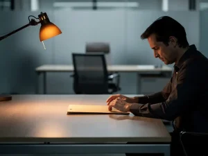 Werknemer zit alleen aan een minimalistisch bureau met gesloten map, lege managerstoel op de achtergrond, sfeervol amberkleurig bureaulampje.