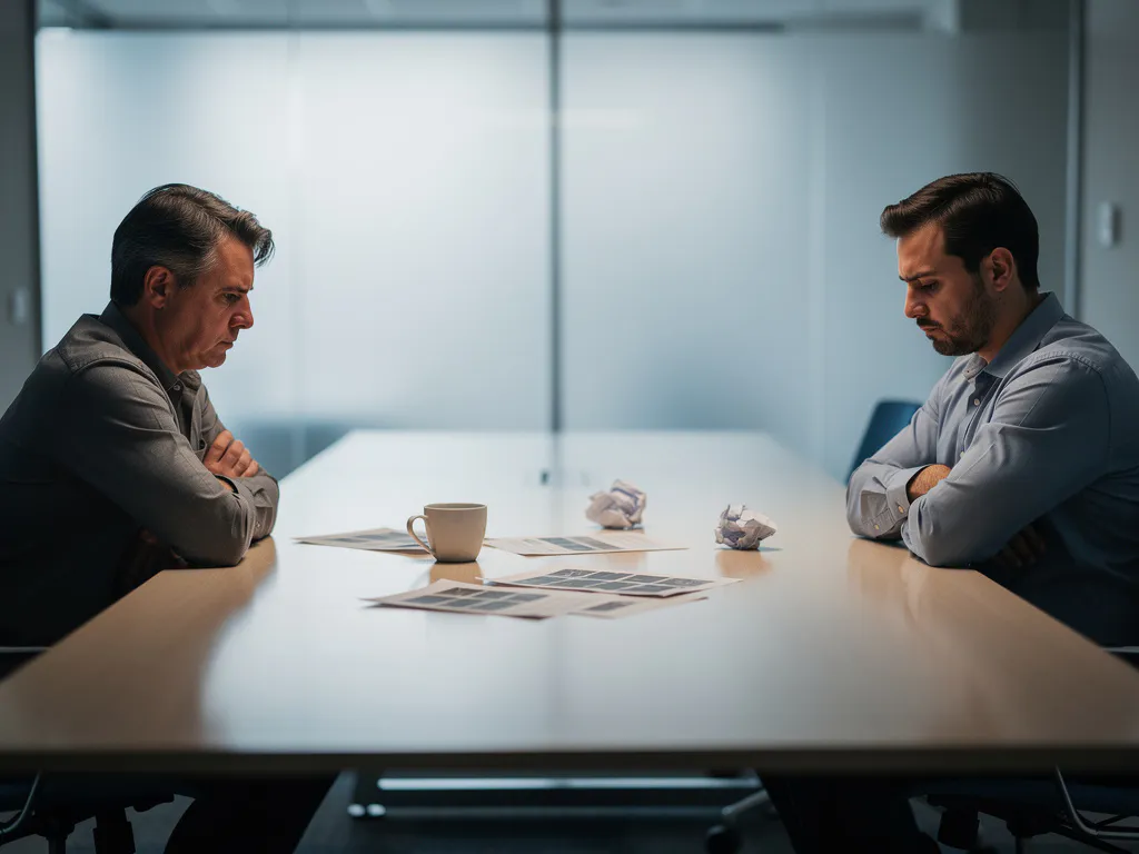 Twee collega's met gekruiste armen aan weerszijden van een vergadertafel, gespannen lichaamstaal, verstrooide papieren en een lege koffiekop tussen hen in.