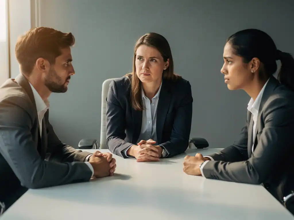 Mediator luistert aandachtig terwijl twee collega's een constructief gesprek voeren aan een kantaartafel in warm, natuurlijk licht.