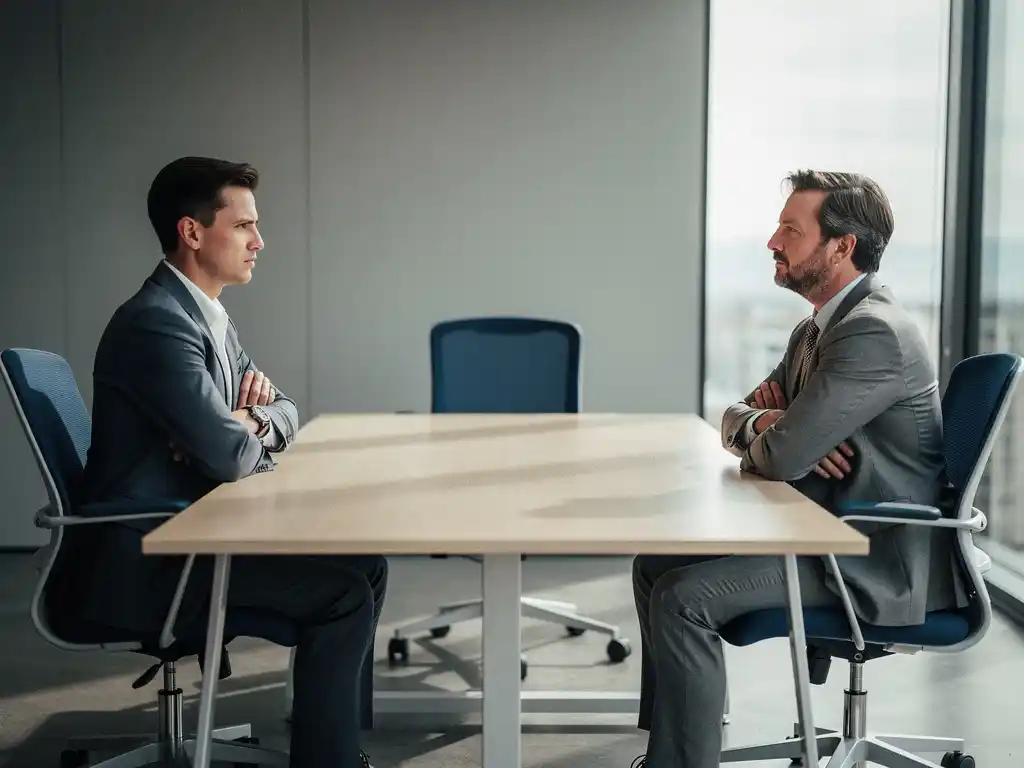 Twee collega's met gekruiste armen en afgewende blikken aan een moderne vergadertafel, lege stoel suggereert bemiddeling op de werkplek.