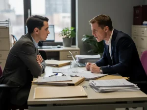 Twee collega's in verhit conflict aan een bureau bezaaid met HR-documenten, één met gekruiste armen afgewend, de ander voorovergebogen.