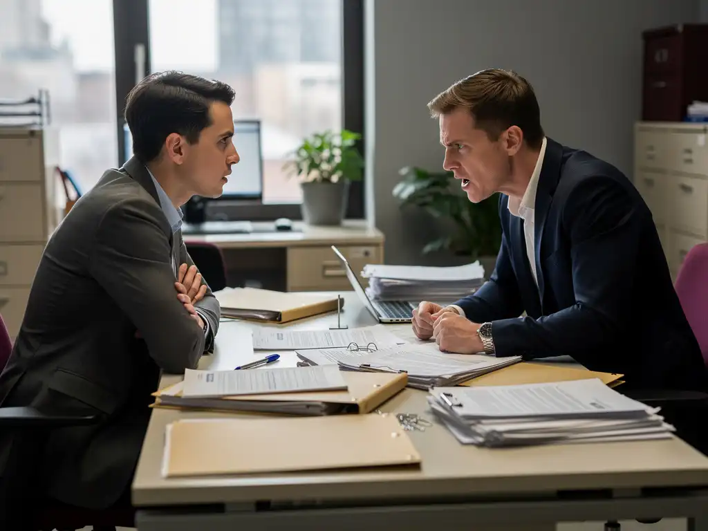 Twee collega's in verhit conflict aan een bureau bezaaid met HR-documenten, één met gekruiste armen afgewend, de ander voorovergebogen.