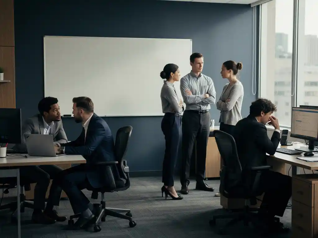 Gespannen sfeer op een open kantoor met collega's in conflict bij bureau en whiteboard, terwijl een medewerker alleen peinzend aan zijn werkplek zit.