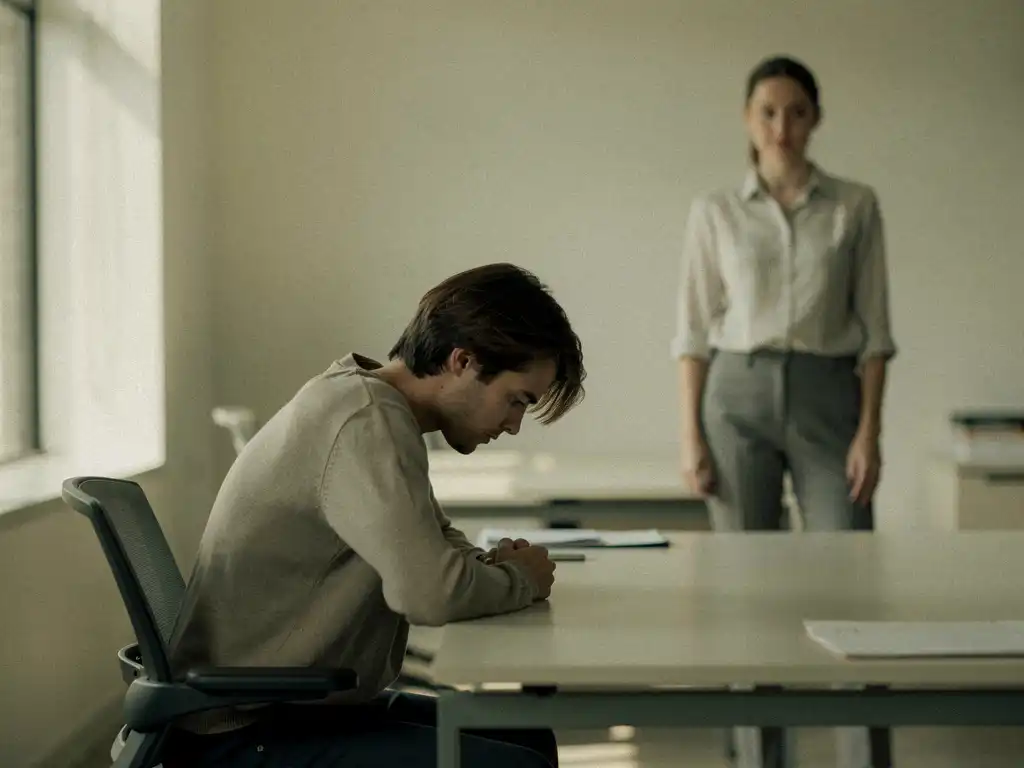 Werknemer aan minimalistisch bureau met afgewende blik en gebogen schouders, terwijl collega op de achtergrond staat in gespannen werksfeer.