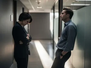 Twee collega's met gespannen lichaamstaal in een kantoorgang, gescheiden door afstand, zacht natuurlijk licht door een raam.