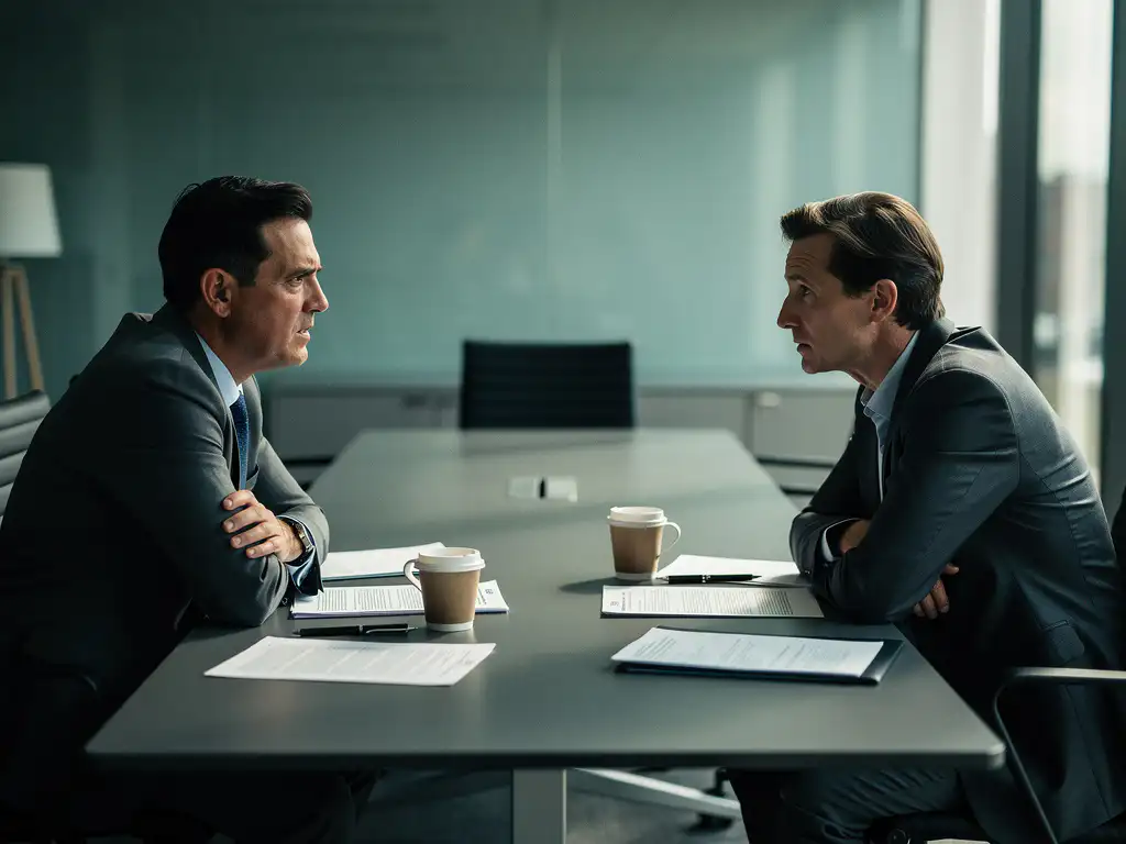 Twee professionals met gespannen lichaamstaal aan een vergadertafel, koffie en documenten tussen hen in, zacht natuurlijk raamlicht.