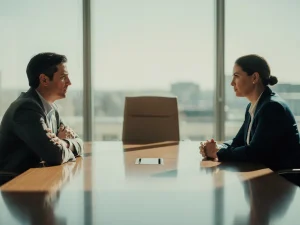 Twee collega's met gesloten lichaamstaal aan een conferentietafel, met een lege stoel van de mediator zichtbaar op de achtergrond.