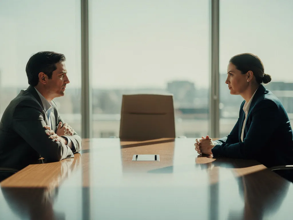 Twee collega's met gesloten lichaamstaal aan een conferentietafel, met een lege stoel van de mediator zichtbaar op de achtergrond.