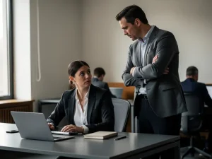 Staande collega met gekruiste armen die dominant over zittende medewerker uittorent in een sfeervol, grijs-amberkleurig kantoor.