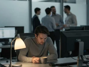 Eenzame werknemer aan bureau in open kantoor, schouders gespannen, blik neergeslagen bij onaangeroerd koffiekopje, collega's onscherp op achtergrond.