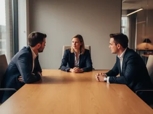 Twee collega's aan een eiken vergadertafel tijdens werkplekmediation, begeleid door een neutrale mediator in modern Nederlands kantoor.